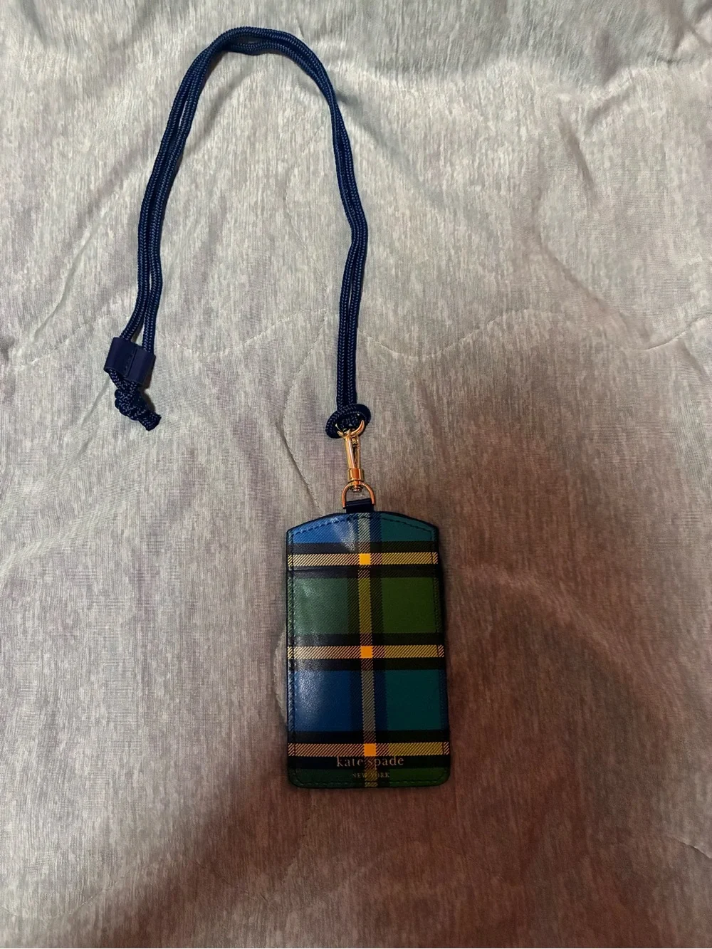 kate spade Plaid Lanyard Card Holder in Pink, Orange & Green